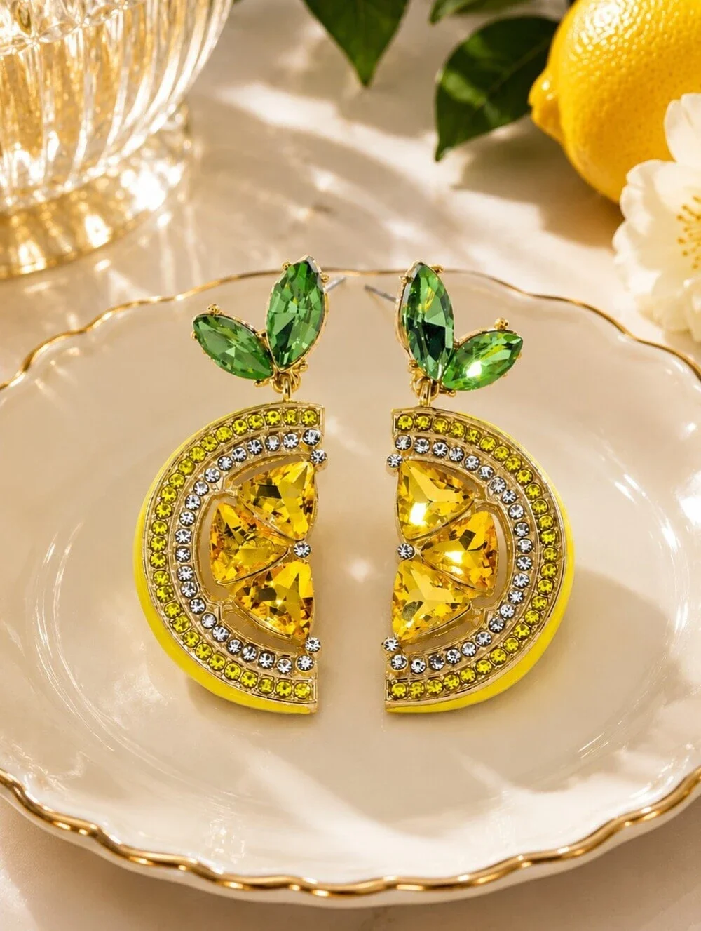 Lemon Yellow & Green Crystal Drop Earrings